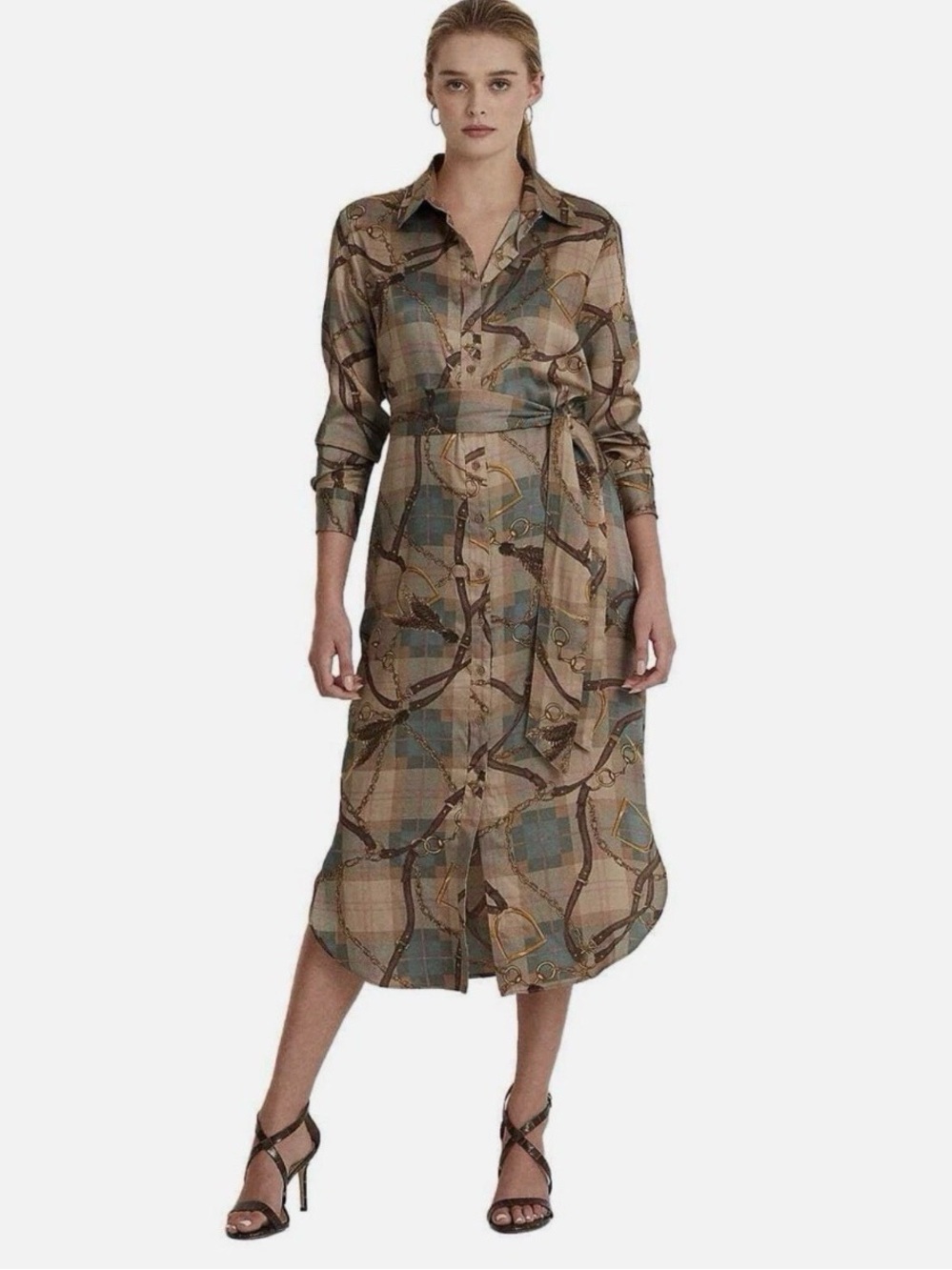 Lauren Ralph Lauren Brown Plaid & Chain-Print Belted Shirt Dress